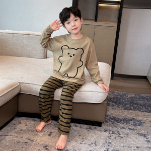 Boys Sleepwear Set Loose Fit Bear Print Home Clothes Casual Style Long Sleeve round Neck Polyester Fiber Comfortable Autumn Wear