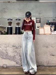 Light blue wide-leg jeans for women in springhigh waist slim drape loose straight pants lazy style