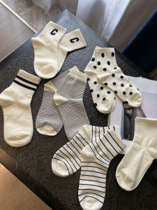 in BLUE Womens Cotton Socks Mid-Calf Casual Elastic Polka Dot Striped Long Socks Spring Autumn Winter Essential Stockings