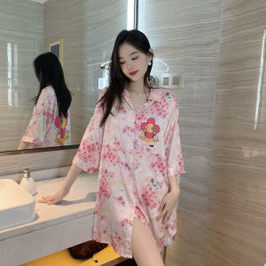 Váy Ngủ Lụa Băng Ice Silk Cho Nữ Mùa Hè Mỏng Tay Ngắn Cỡ Lớn Rộng Rãi Gợi Cảm Váy Sơ Mi Đồ Ngủ Lụa Thật