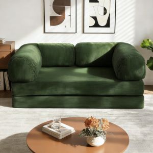 ILUOLAI Green 4-in-1 Futon Sofa Bed with L-Shaped Armrests – Floor Foldable Convertible Sofa Couch Removable Cover Space-Saving Fold-Out Mattress Lounge for Living Room Convertible Guest Bed