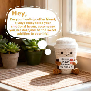 Funny Crochet Emotional Support Coffee Doll With Card Desktop Ornament Handmade Knitted Coffee Dolls Christmas Gifts Home Decor