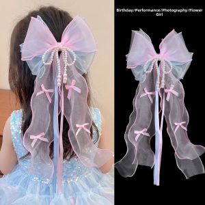 Birthday Crown Headband Veil With Ribbons and Pearl Bow