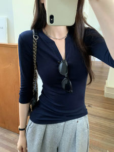 Slim Fit Chic V-Neck Short Sleeve T-Shirt Womens Fashionable Thin Style American High-End Feeling Seven-Quarter Sleeve Top
