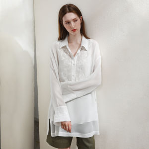 Miccbeirn | Retro Luxury Embroidered Silk Shirt Glittering Heavy Work Qioqi Style Top With Two Piece Set Artistic Design For Commute