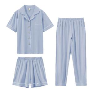 MiiOW | ชุดนอนผ้าฝ้ายแท้สำหรับผู้หญิงในช่วงฤดูร้อน ชุดสามชิ้น แขนสั้น กางเกงขาสั้น ชุดอยู่บ้าน ป้องกันแบคทีเรีย ใส่สบาย ระบายอากาศได้ดี