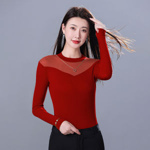 Autumn Mesh Womens Long Sleeves Bottoming Shirt Tops Slim Fit Inner Wear Minimalist Easiest for Match Pure Color Small Stand-up Collar Thin T-shirt