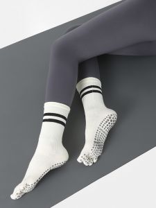 Anti-Slip Yoga Socks Womens Pure Cotton High-Tube Fitness Pilates Sport Toeless Autumn Winter Striped Fashion Socks