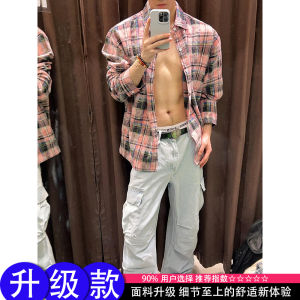 Pishuai Style Fried Street Shirt Mens Autumn American Retro Tie-Dyed Gingham Outwear Washed Distressed Plaid Long Sleeves Shirt