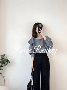 French Style Loose Fit High Waist Wide Leg Pants Womens Shirt Spring Season round Neck Striped Pattern Rouje Renksy Brand