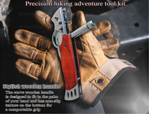 Precision hiking adventure foldable tool kit with stylish wooden handle and Light designed for ergonomic grip and non-slip texture.