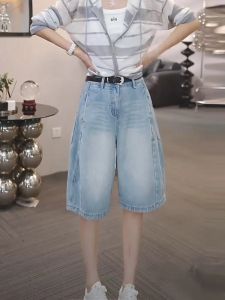 กางเกงขาสั้นผ้ายีนส์ย้อนยุคเอวสูงทรงเข้ารูปสำหรับผู้หญิง ทรงหัวใจ ทรงห้าส่วน กางเกงยีนส์ทรงหลวม ทรงหลวม ทรงหลวม