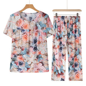 Mom Summer Clothes Bourette Suit Loose Color Home Pajamas Middle-Aged and Elderly Womens Artificial Cotton Two-piece Set Can Be Outwear