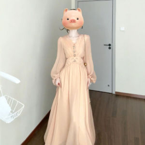 CHANGTONG | French Style Graceful V-Neck Fitted Long Dress