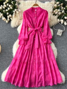 French Vintage Stand Collar Single Button Long Sleeve Waist Cinched Dress Women Sweet Heavy Embroidery Hook Flower Long Holiday Dress