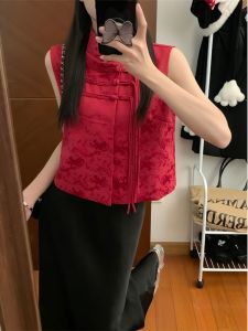 Elegant Red Button Short Vest Womens Fashion Retro Tassel Blouse Commute Polyester Fiber Pure Color Summer New Arrival