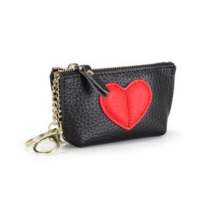 Womens Genuine Leather Mini Short Coin Purse Korean Version Cute Student Style with Love Keychain Coin Small Wallet