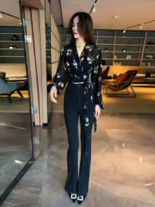 Floral Tie Waist Long Sleeve V Neck T Shirt Womens Spring Summer Slim Fit Short Style Top Korean Version Polyester Fiber