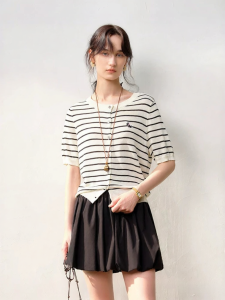 DUSHU | Large Size Black and White Stripe Knit Cardigan