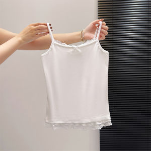 QIAOCHENXIAN | Cotton Lace Trimmed Bow Camisole Womens Tank Top