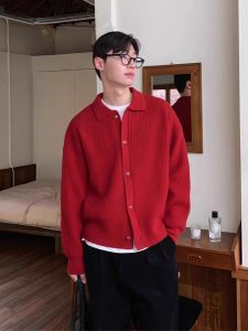 Red Knitted Sweater for Men Collared Fashion Urban Style Long Sleeve Pure Color Spring Autumn Wear Suitable for Youngsters
