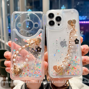 Luxurious Pearl Bracelet Liquid Sandflowing Heart Shaped Colorful Apple Phone Case Suitable for 15Promax/14/13/12/11 Huawei Mate60