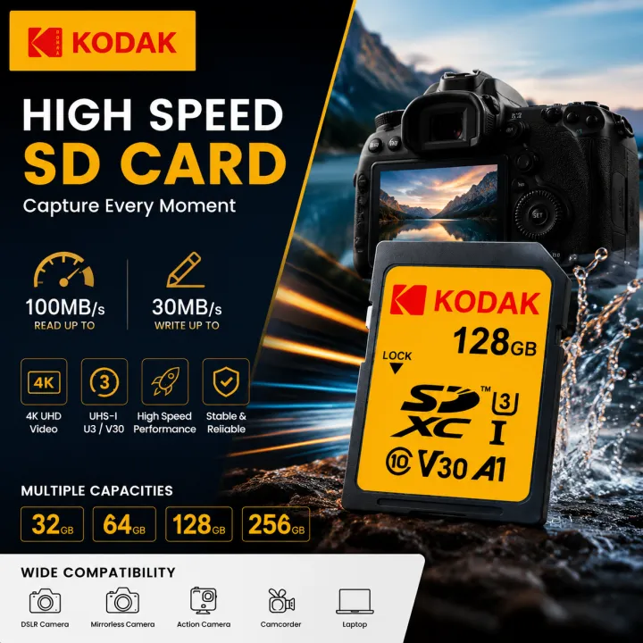 Kodak | Kodak Professional SD Card 32GB 64GB 128GB 256GB UHS-I U3 V30 100MB/s High Speed Memory Card for Camera 4K Video Photography