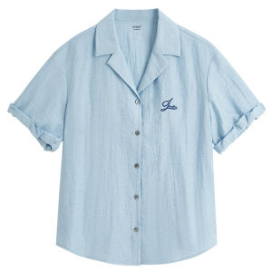 INMAN French Style Pleated Linen Shirt Cool Sensation Short Sleeve Light Blue Summer Womens Business Casual Loose Fit Shirt