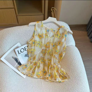 Shalldoer | French Elegant V-neck Floral Splicing Sleeveless Shirt Womens New 2025 Summer Thin Breathable High-grade Top Casual Style