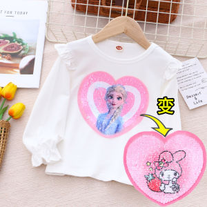 Korean Style Long Sleeve T-Shirt for Girls Autumn Wear Sparkling Color Changing Clothes Pure Cotton Kawaii Top Spring Season