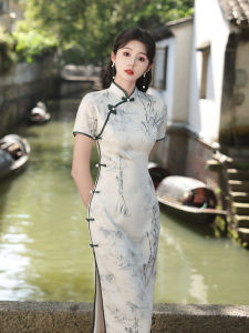 Elegant Long Cheongsam Young Style Simple Fashion Slimming Design Summer New Chinese Style Dress for Girls Short Sleeve Daily Wear