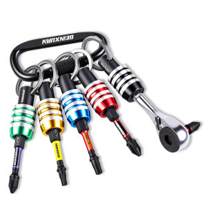 Geinxurn Keychain Bit Holder Set 1/4 Inch Hex Shank One Touch Double Lock Magnetic Aluminum Quick Change Mini Bit Extension Rod