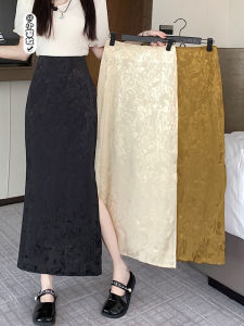 Retro Chinese Style Satin Half Skirt High Waist Midi Straight Leg Womens Summer Fashion Open Slit Bodycon Skirt