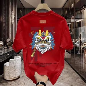 Red Short Sleeve Cotton T-Shirt Mens 2025 New Style Versatile Half Sleeve Body T-Shirt Chinese Culture Print Breathable Summer Top