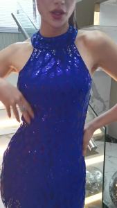 Đầm Dạ Hội Dài Kiểu Đuôi Cá Cổ Cao Không Tay Lưng Trần Đính Sequin Lấp Lánh Có Đường Xẻ Tà Trước Dành Cho Nữ.