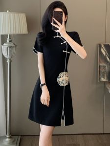 Elegant Summer New Chinese Style National Trend Qipao Dress Womens High-End Feeling Buttoned Black Dress Waist-Cinching Short Sleeve Midi Dress