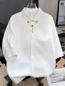Summer Thin Ice Silk Mens Shirt Metal Decoration Drapey Loose Fit Short Sleeve Trendy Brand White Shirt Youth Popular Style