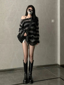 โอเวอร์ไซส์ ลายทาง ถัก เสื้อสเวตเตอร์ ผู้หญิง ฤดูใบไม้ร่วง ฤดูหนาว หลวม เจาะรูแจ๊กเก็ต หวาน Spicy เด็กผู้หญิง ถัก Ted Cover Shirt Top