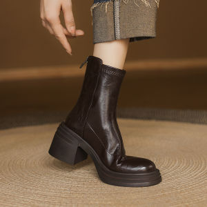 รองเท้าบูทสั้นหนังแท้สำหรับผู้หญิง ฤดูใบไม้ร่วง/ฤดูหนาว ส้นสูงแบบฝรั่งเศส รองเท้าบูททรงสลิมสไตล์ย้อนยุค รองเท้าบูทยางยืดหนังนิ่ม
