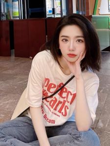 Chic Korean Style Oversize Short Sleeve T-Shirt Womens Summer Casual Loose Fit Versatile round Neck Print Top