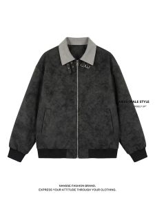 NANSSE | Tie-Dye PU Leather Lapel Pilot Jacket Mens Spring Casual Loose Outfit