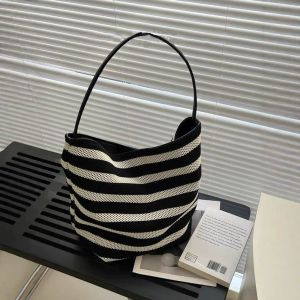 Elegant Black White Striped Bucket Bag Commuter Single Shoulder Beach Vacation Summer Casual Tote Bag Soft Polyester Lining