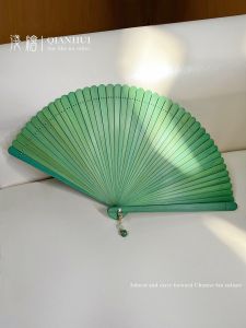 Retro Simple Pure Color Bamboo Folding Fan for Dance Qing Green Traditional Chinese Hanfu Qipao Style Handmade Artisanal Fan
