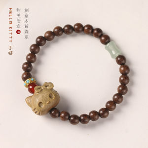Hellokitty Bracelet Wooden Cultural Artifact Woven Bracelet Cute Cat Natural Sandalwood Bring In Wealth and Treasure Good Luck Rosary