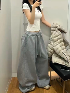 [Summer loose drawstring wide-leg pants]กางเกงทรงหลวมเอวสูงผูกเชือกปักลายย้อนยุคอเมริกันสำหรับผู้หญิงในช่วงฤดูร้อน