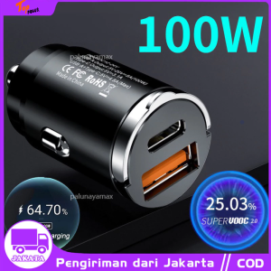 Car Charger Mobil 100W Quick Charger USB Type-C Dual Port 12-24V Charger Mobil Fast Charging