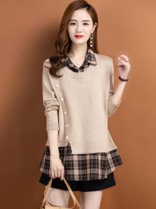 Ladies Knitted Shirt Collar Base Layer Spring Autumn Plaid Sweater Fake Two-Piece Polo Neck Long Sleeve Solid Color Commute Style
