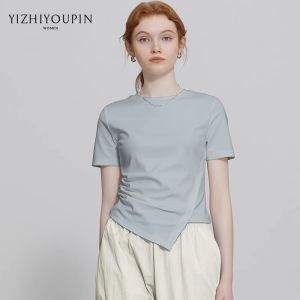 White round Neck Asymmetrical Shoulder Short Sleeve T-Shirt Womens Summer New Design Folded Short Top Casual Style Cotton Blend
