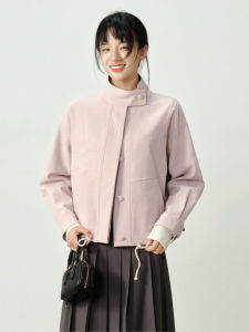 Stand Collar Drop Shoulder Short Sleeve Jacket Autumn Casual Loose