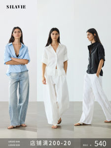 Silavie Fashion Versatile 100% Linen Summer Shirt Women Solid Color Top Shoulder Drop out Shape Loose Fit Long Sleeve Polo Collar